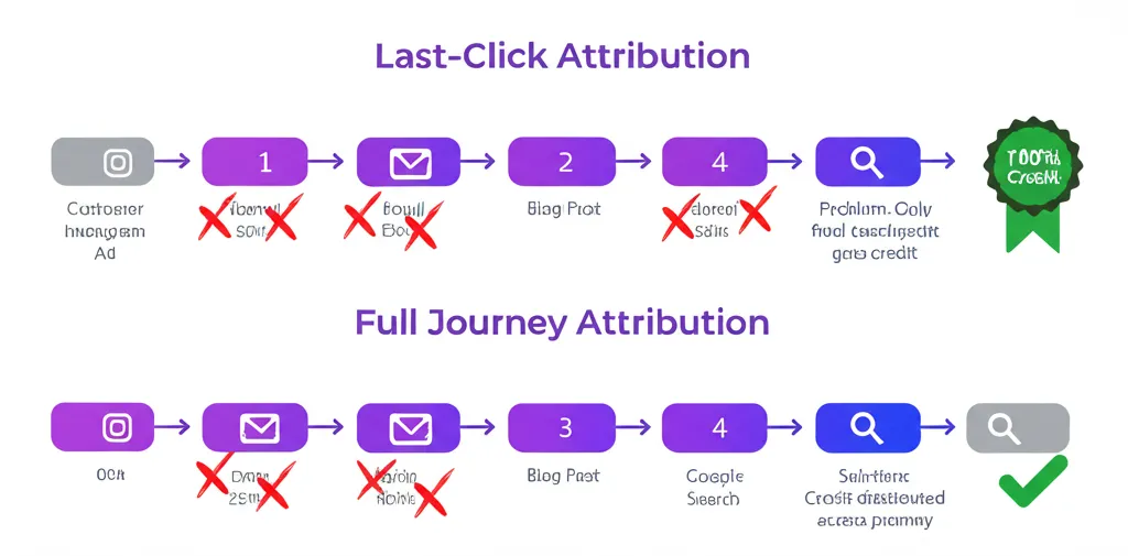 Attribution comparison: last-click gives 100% credit to final touchpoint vs full journey distributes credit across all touchpoints