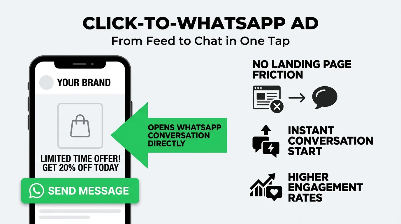 Click-to-WhatsApp ad example showing feed ad with WhatsApp CTA button