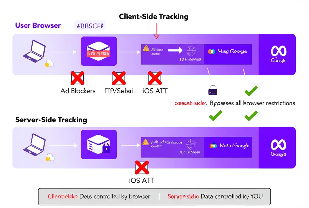 Client-side vs server-side tracking: client-side data gets blocked by browsers and ad blockers, server-side bypasses all restrictions