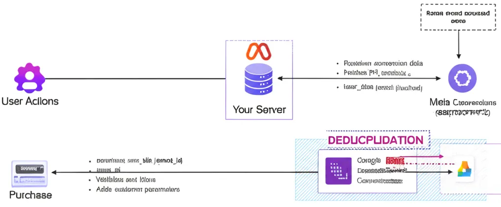 Conversions API data flow: browser events and server events both send to Meta with event_id matching for deduplication