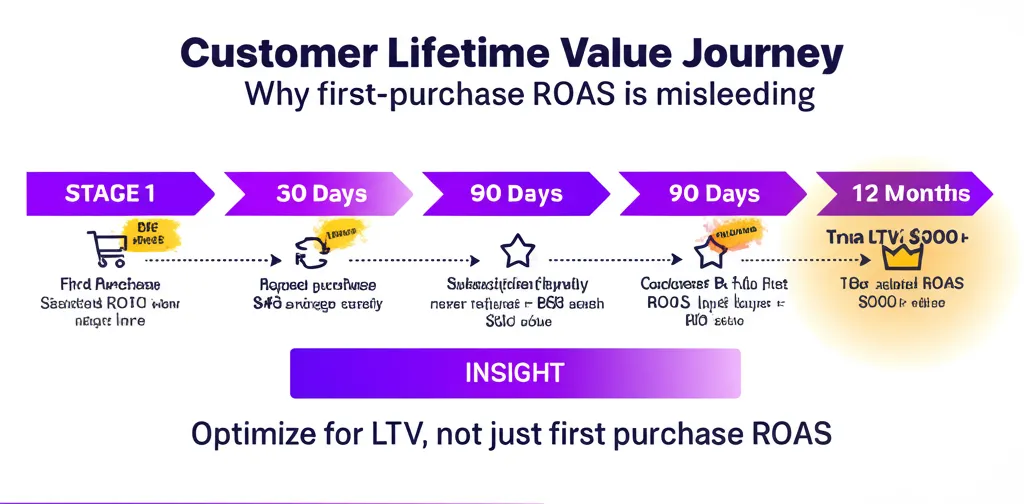Customer lifetime value journey: from first purchase 3x ROAS to 12-month LTV of 10x+ actual ROAS