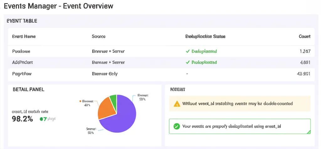 Events Manager deduplication indicator showing proper event matching between browser and server sources