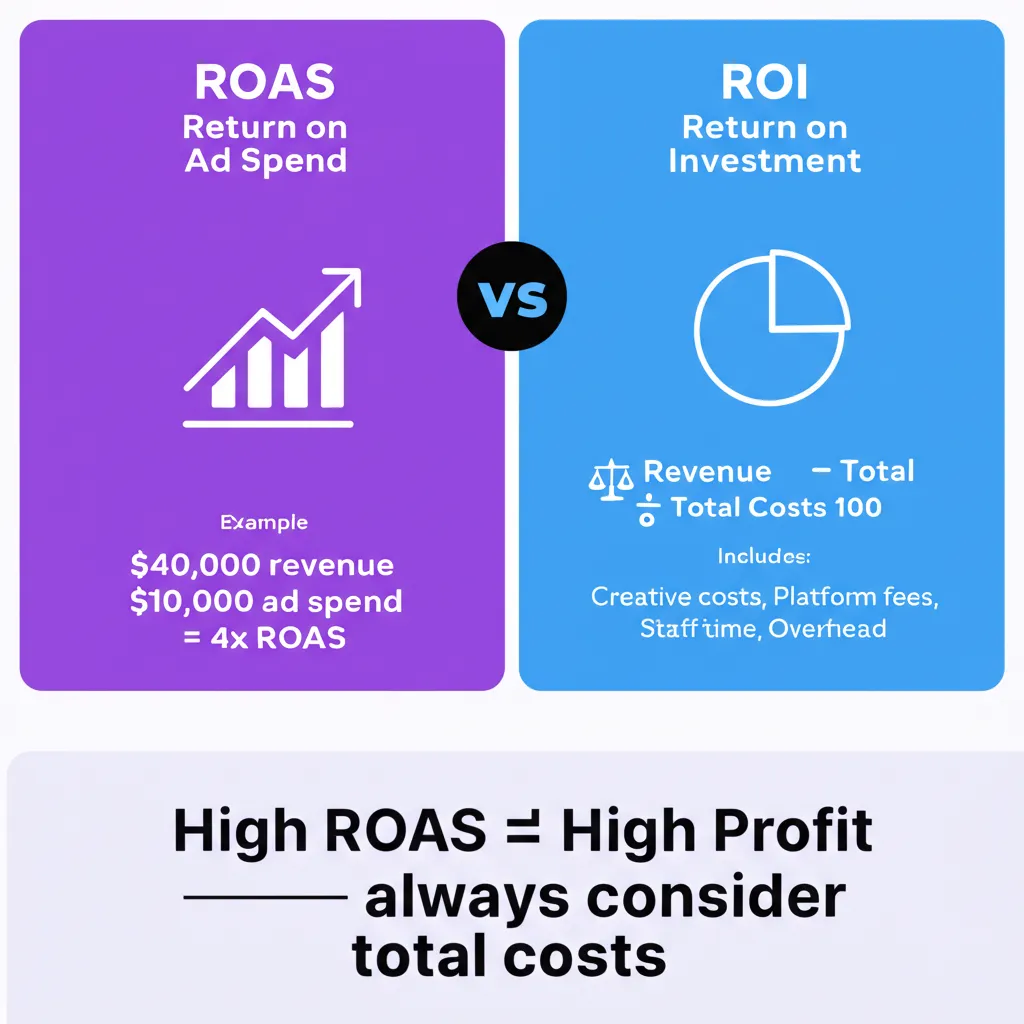 ROAS vs ROI comparison showing the difference between campaign efficiency and true profitability
