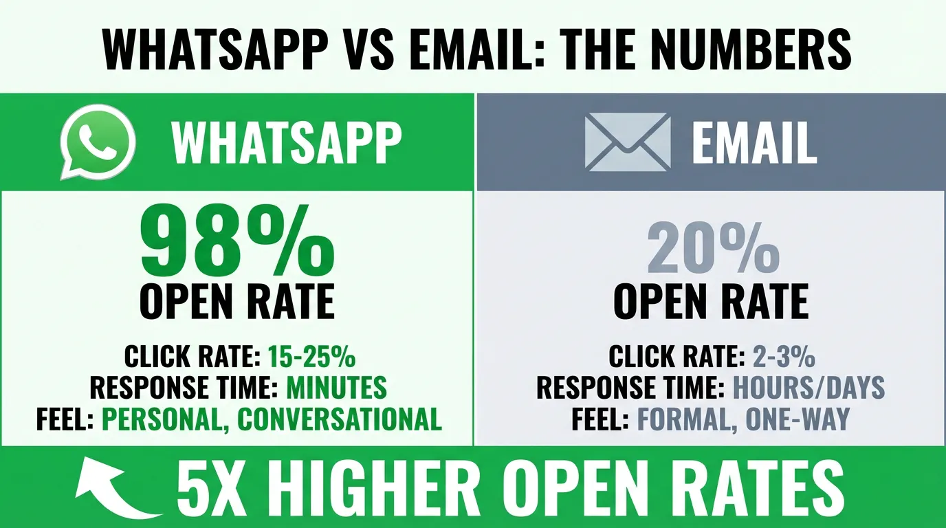 WhatsApp vs Email marketing metrics: 98% vs 20% open rates, 5x higher engagement